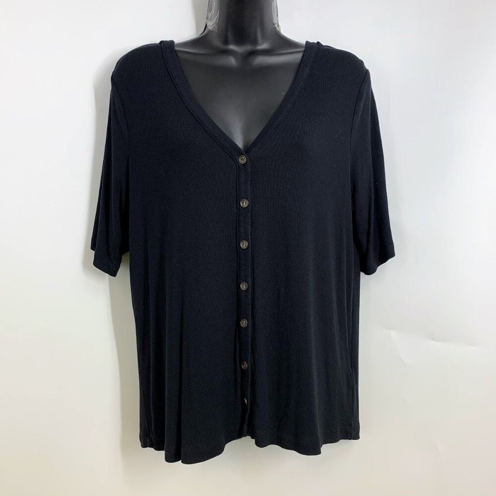 Marine Layer Black Button-Front V-Neck Short Sleeve Top